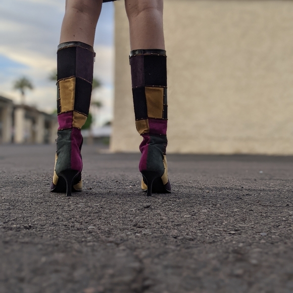 Vintage Patchwork Rainbow Clown Style Calf High Boots - Size 9.5W - Picture 7 of 8